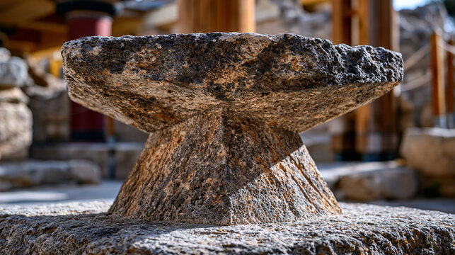 Minoan palace column base stone close, tapered inverted truncated cone form, volcanic tuff surface erosion, Knossos Aegean Bronze Age heritage archaeology, raking afternoon Mediterranean light .ultr