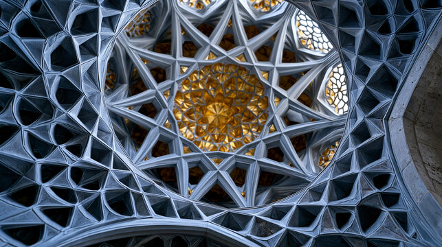 Mosque muqarnas honeycomb ceiling dome interior looking upward, stalactite plaster cell geometry, geometric stellate pattern interlocking, Mamluk heritage stucco, gilded cell apex, Fatimid architect