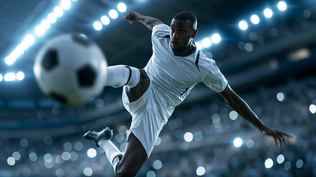 Professional anonymous soccer player performing a powerful airborne kick inside an illuminated stadium, world cup championship energy concept, faceless, defocused cheering crowd ,