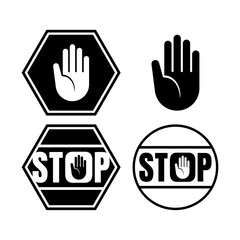Obraz premium Stop sign icons, human hand silhouette and stop text in various graphic designs, conveying prohibition and warning messages