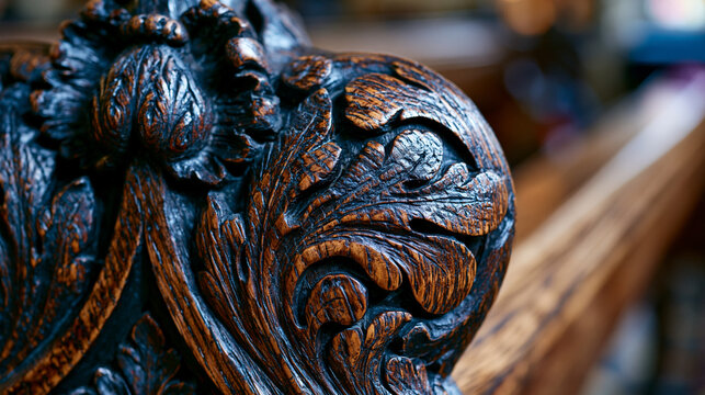 Pew end carved oak detail close, Gothic poppy head finial, acanthus scroll relief panel, deep chisel shadow undercut, Victorian ecclesiastical joinery, age-darkened English oak grain, nave heritage 