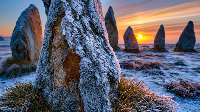 Pagan stone circle megalith alignment winter solstice low angle light, quartzite orthostat surface frost crystal encrustation, turf grass frost around base, atmospheric mist horizon, Neolithic herit