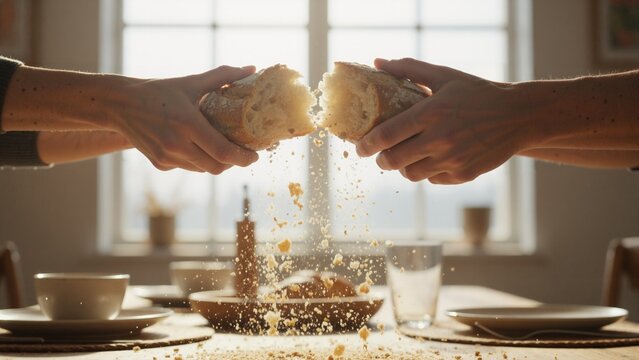 Hands breaking loaf of bread over dining table. Sharing food and community concept. Close up of crusty bread with falling crumbs