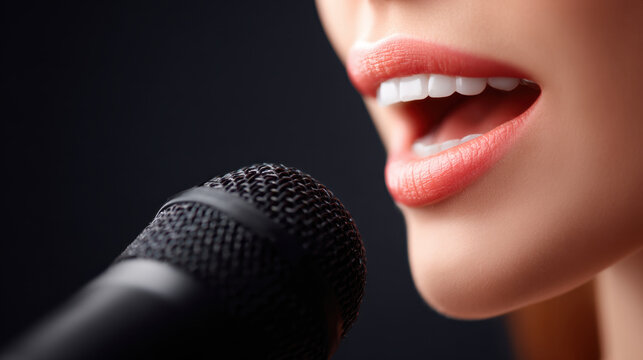 Close up mouth speaking into microphone lip teeth voice speech sound singing vocal audio microphone