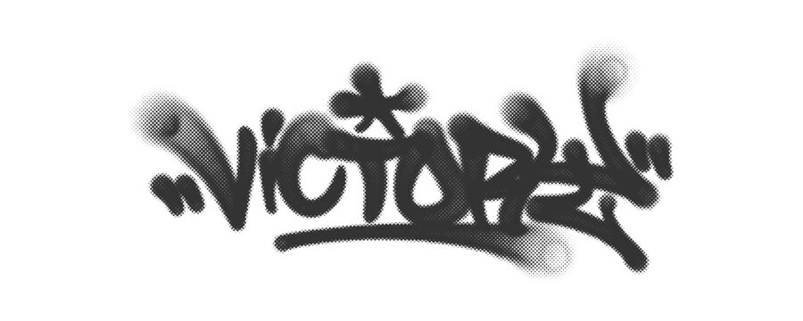 Victory text graffiti tag displaying street art spray paint style handstyle font for soccer football championship tournament supporter clothing poster design element isolated clip art.