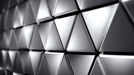 Fototapeta premium Shimmering silver metallic triangle pattern with rounded corner surface and abstract geometric wall texture, glossy modern background