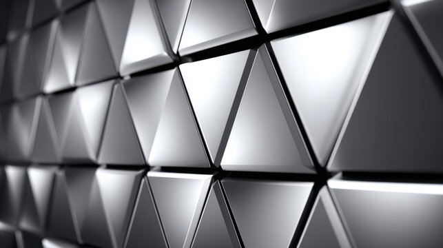 Shimmering silver metallic triangle pattern with rounded corner surface and abstract geometric wall texture, glossy modern background