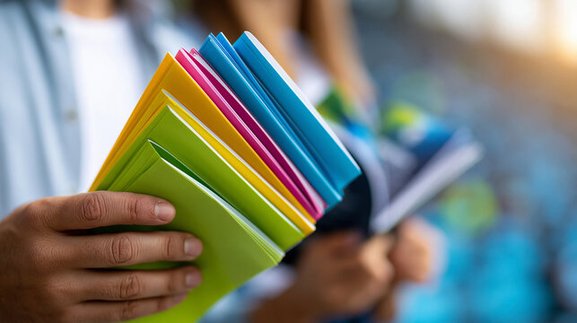 Close-up of anonymous hands holding a colorful tournament program booklet in a stadium, world cup fan experience and sports event concept, faceless, defocused , with copy space