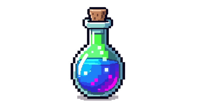 Pixel Art Potion Bottle with Colorful Liquid and Cork Stopper