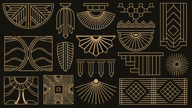 Art Deco Geometric Shapes Golden Line Vector Illustration On Black