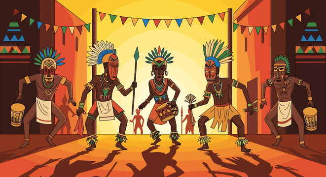African dancers in traditional costumes performing.