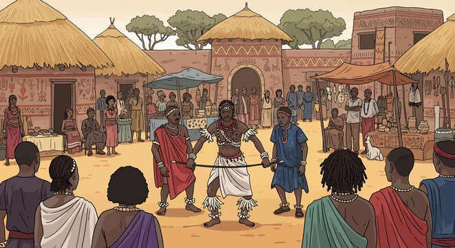 African men in traditional dance performance.