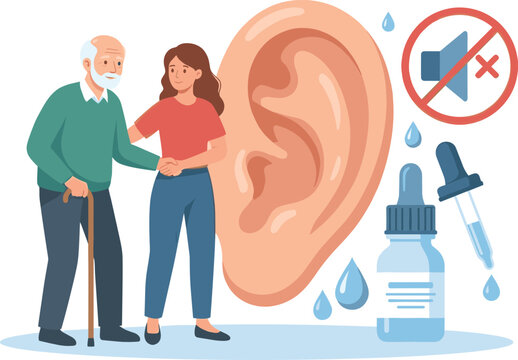 Elderly man with hearing loss and caregiver next to large ear anatomy, mute icon, and ear drops illustration