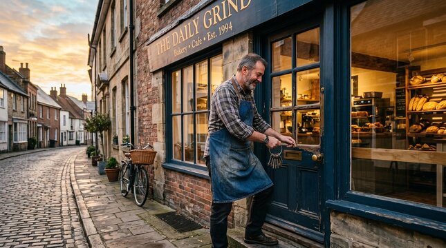 Dedicated local artisan unlocks the front door of their quaint bakery on an atmospheric cobblestone street at dawn, preparing for a fresh day of baking and serving the community