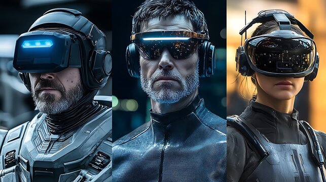 Diverse individuals wearing futuristic virtual reality headsets and headphones in studio lighting
