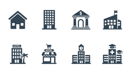 Fototapeta premium Real estate and public city buildings solid glyph icon set including bank hospital school hotel shop house vector illustration