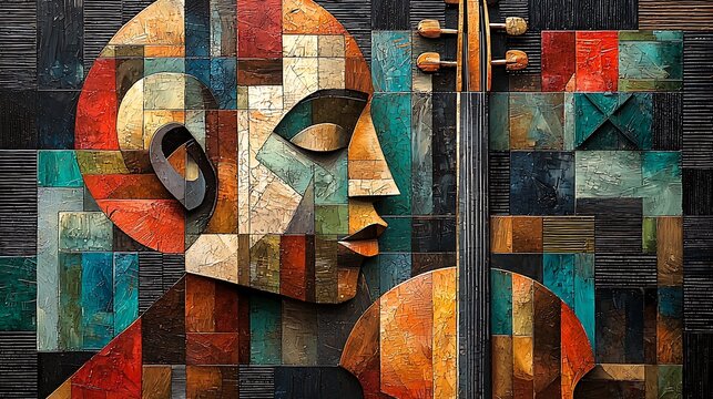 Abstract cubist portrait of a musician playing a cello textured mosaic style vibrant colors