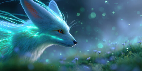 Naklejka premium Fantasy fox spirit in glowing meadow, ethereal digital art with soft blue light and magical bokeh
