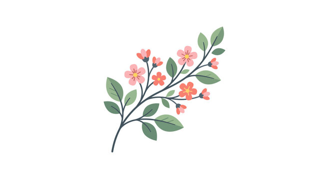 Delicate Pink Blossom Branch with Green Leaves on White Background