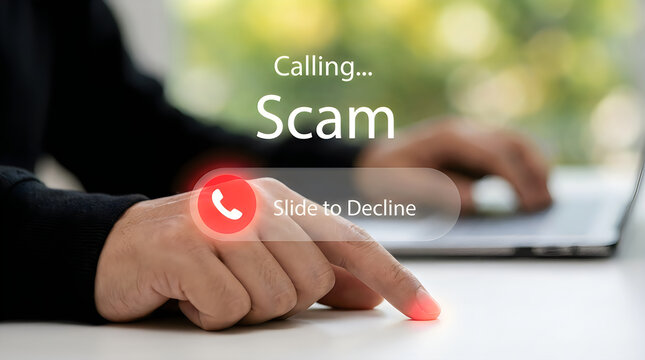 Cartoon phone with angry face calling labeled as scam to decline or block