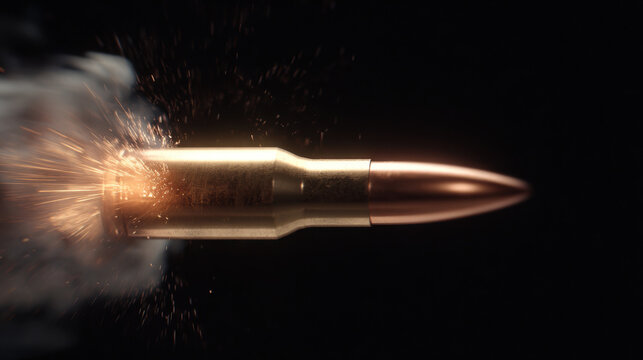 Bullet cartridge ammunition metal copper brass firing motion closeup weapon projectile shell case gun shooting explosive spark smoke isolated black dark velocity speed danger force energy impact