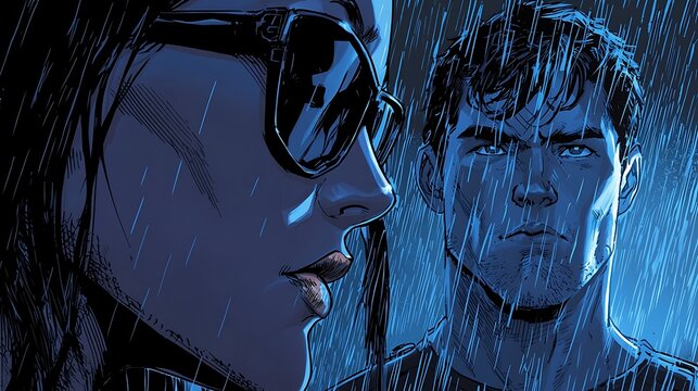 Comic style illustration of a man and woman in intense close up during heavy rain