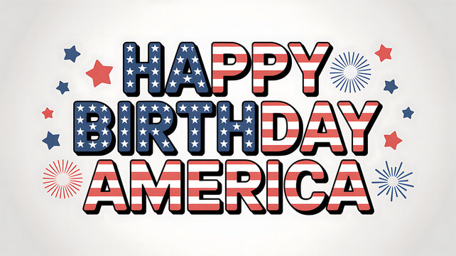 Happy birthday America, 4th of July celebration, independence day, American flag colors, stars and stripes, patriotic banner with fireworks and stars decoration.