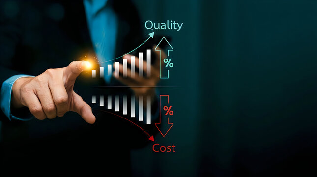 Hand adjusting quality and cost balance on digital dashboard with rising and falling graphs