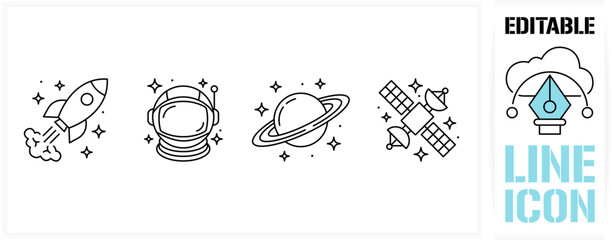 Editable line icon set in a black simple and clean vector outline stroke for outer space exploration, rocket launch startup, astronaut helmet, saturn planet orbit and communication satellite. © Editable Line Icon