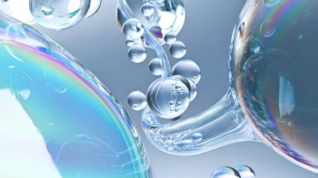 Ultra-detailed abstract background featuring transparent liquid bubbles connected by flowing fluid structures with iridescent rainbow reflections.