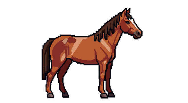 Pixel Art Horse Illustration - Brown Equine Standing Profile