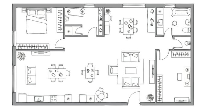 Detailed architectural floor plan showing furniture arrangement for a spacious apartment with multiple rooms including bedroom living areas kitchen dining space and bathroom facilities suitable