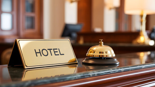 A luxurious hotel reception desk with a golden bell and sign in a modern lobby