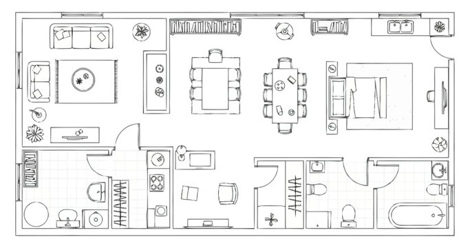 Detailed hand drawn architectural blueprint displaying the layout of a spacious apartment with multiple rooms including living area dining room kitchen bedrooms and bathrooms offering a clear