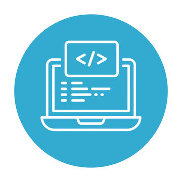 Vector graphic of a laptop with code on the screen in a blue circle