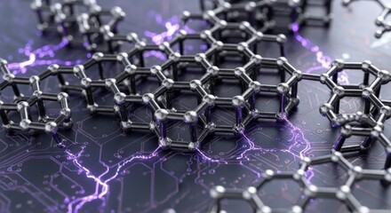 Fototapeta premium Graphene, hexagonal lattice, nano material, technology background, purple lightning