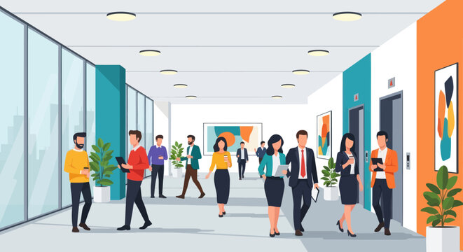 Professionals walk through a modern office hallway with elevators and artwork