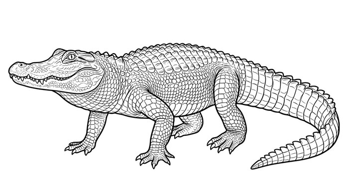Realistic alligator coloring page with detailed reptile outline illustration for kids activity books
