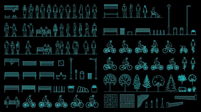 Architectural Entourage CAD Collection with Human Furniture Cyclists and Urban Elements Blueprint Technical Vector Set