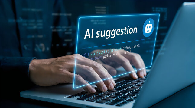 Ai technology concept with glowing digital brain and computer code overlay in futuristic setting