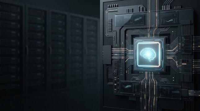 Central processing unit with glowing human brain icon and digital circuit lines in dark server room, data center technology, artificial intelligence hardware, microchip, neural network.