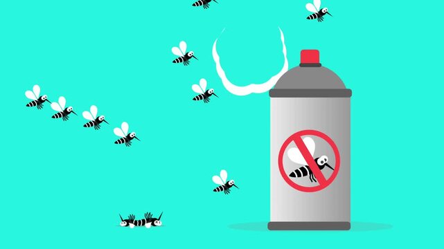 Animation insecticide aerosol spray eliminating flying mosquitoes  on a solid turquoise background
