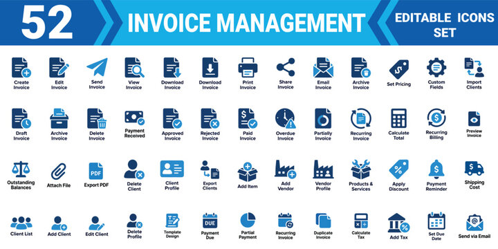 Invoice management icon set collection 52 editable vector illustration mega pack for finance
