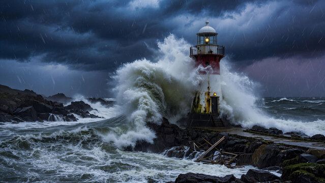 Waves rise high and hit the lighthouse on a rocky shore while dark clouds fill the sky. Rain pours down as the storm intensifies during dusk, creating a dramatic scene.