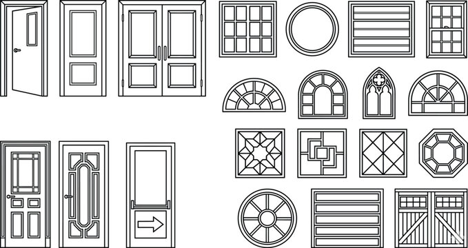 Black and white line art illustration of diverse architectural doors and windows with decorative panels and geometric patterns