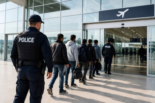 Police officers escorting a line of men through airport terminal