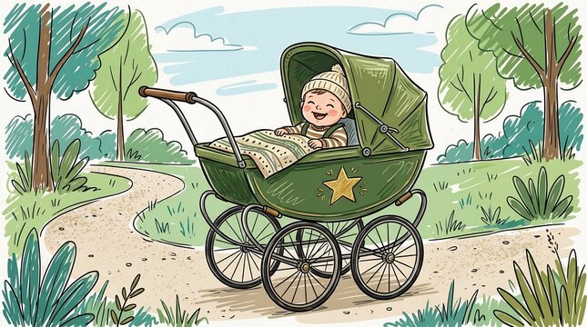 Smiling baby in a vintage green pram on a park trail