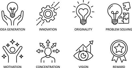 Business creativity and personal development line icon set representing core values for professional growth and innovation success © Vector Saga
