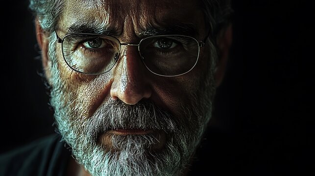 Close up portrait of an older man with glasses and a full beard looking intensely at the camera