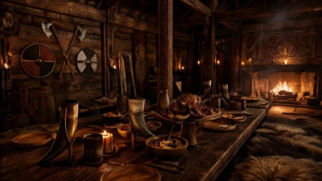 mead. Viking-style hall interior with a long table, mead, and weapons on the wall. event programs, museum guides, designed for cultural heritage projects and event programs, preserves heritage.
